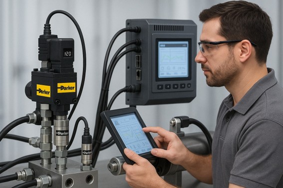 A imagem mostra um homem operando uma máquina com soluções da marca Parker.