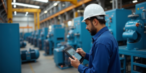 A imagem mostra um operário no chão de fábrica segurando um tablet.