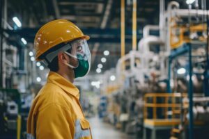 Homem utilizando máscara de proteção em ambiente industrial, relacionado à purificação de ar e segurança ocupacional.