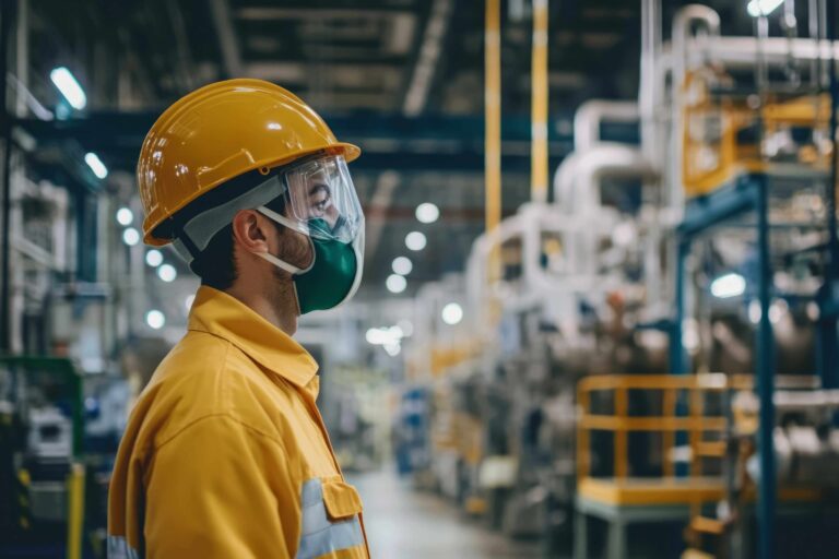 Homem utilizando máscara de proteção em ambiente industrial, relacionado à purificação de ar e segurança ocupacional.