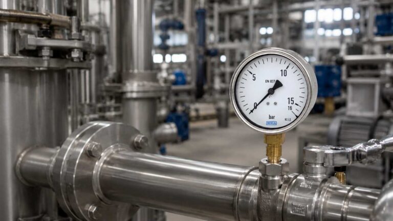 A imagem mostra um manômetro WIKA em ambiente industrial.
