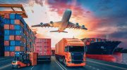 Transportation and logistics of Container Cargo ship and Cargo plane. 3d rendering and illustration.